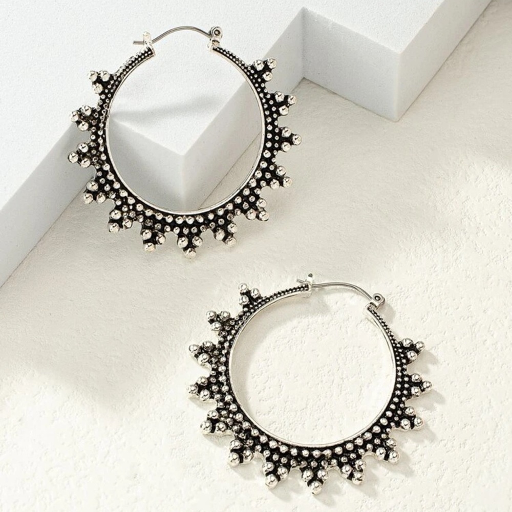 Bohemian Silver tone Hollow Cut Out Hoop Gypsy Bead Hippie Festival Earrings